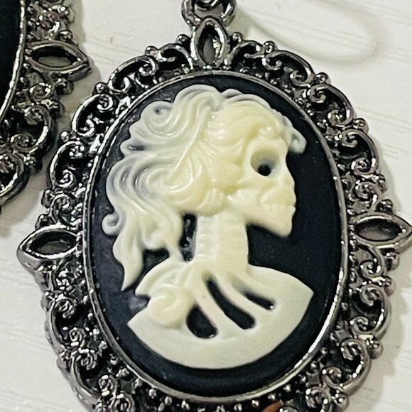 Gothic Skeleton Cameo Dangle Earrings - Victorian-Style Frame - Picture 4 of 5